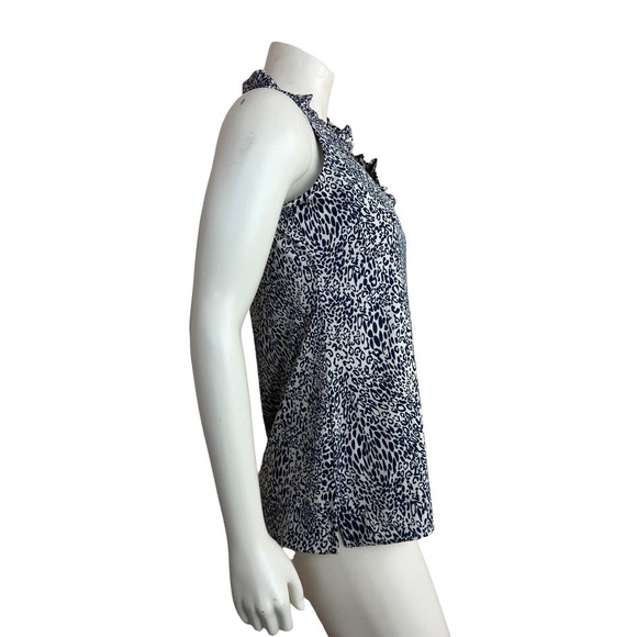 La Mer Luxe Ruffle Neck Top Sleeveless Leopard Printed Blue White Stretch XS - Picture 2 of 11
